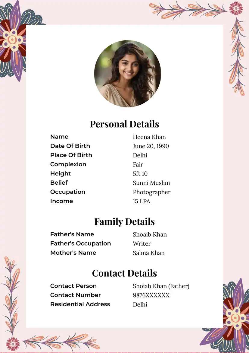 A muslim marriage biodata template showcasing a modern design with a vibrant pink color scheme and a delicate flower-decorated border for a charming and contemporary look.