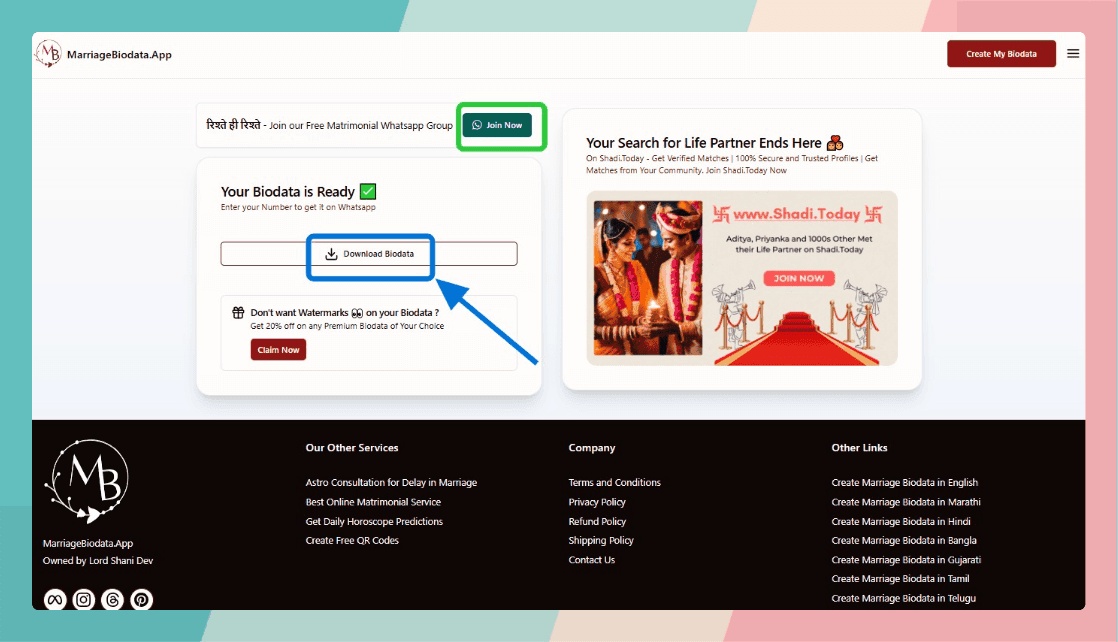 how to download biodata from thank you page