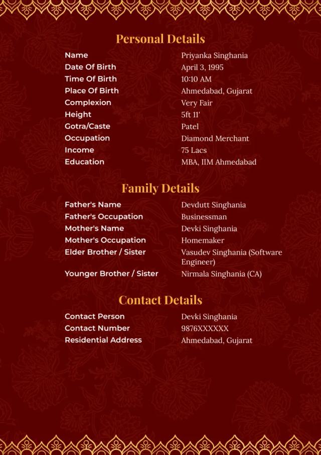 Traditional Indian marriage biodata template with maroon and gold design, mandala pattern, and profile picture placeholder.