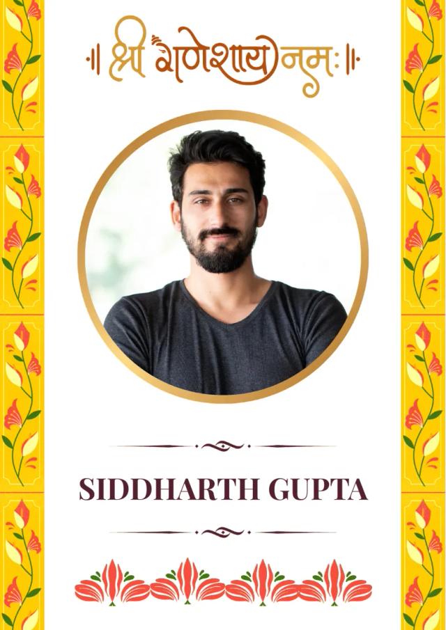 Elegant Indian marriage biodata template with yellow floral border, traditional script, and profile picture placeholder.