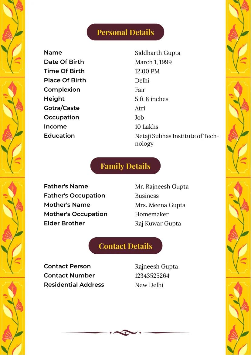 Elegant Indian marriage biodata template with yellow floral border, traditional script, and profile picture placeholder.
