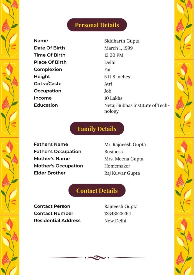 Elegant Indian marriage biodata template with yellow floral border, traditional script, and profile picture placeholder.