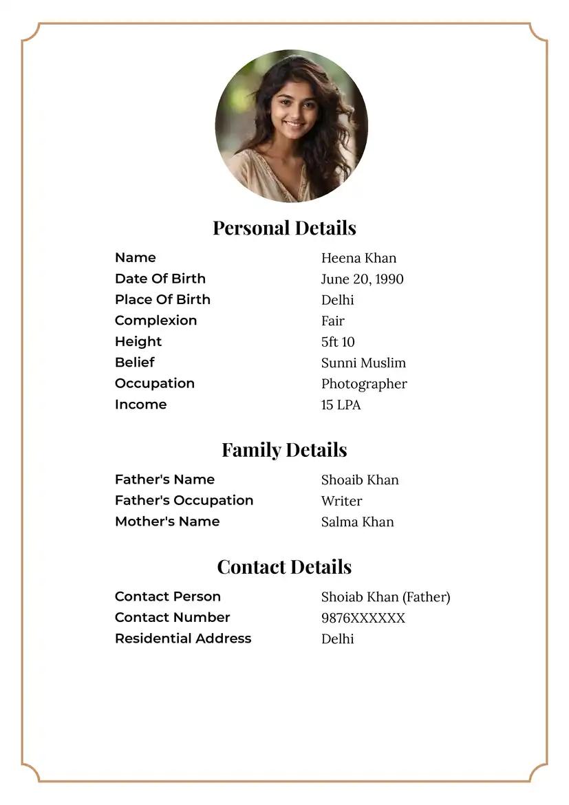 A Islamic marriage biodata template prioritizing clarity and simplicity, featuring a clean and modern layout with a barely-there border for a sleek and effortlessly stylish presentation. Best suited for muslim girls and boys looking for a modern and minimalist design.
