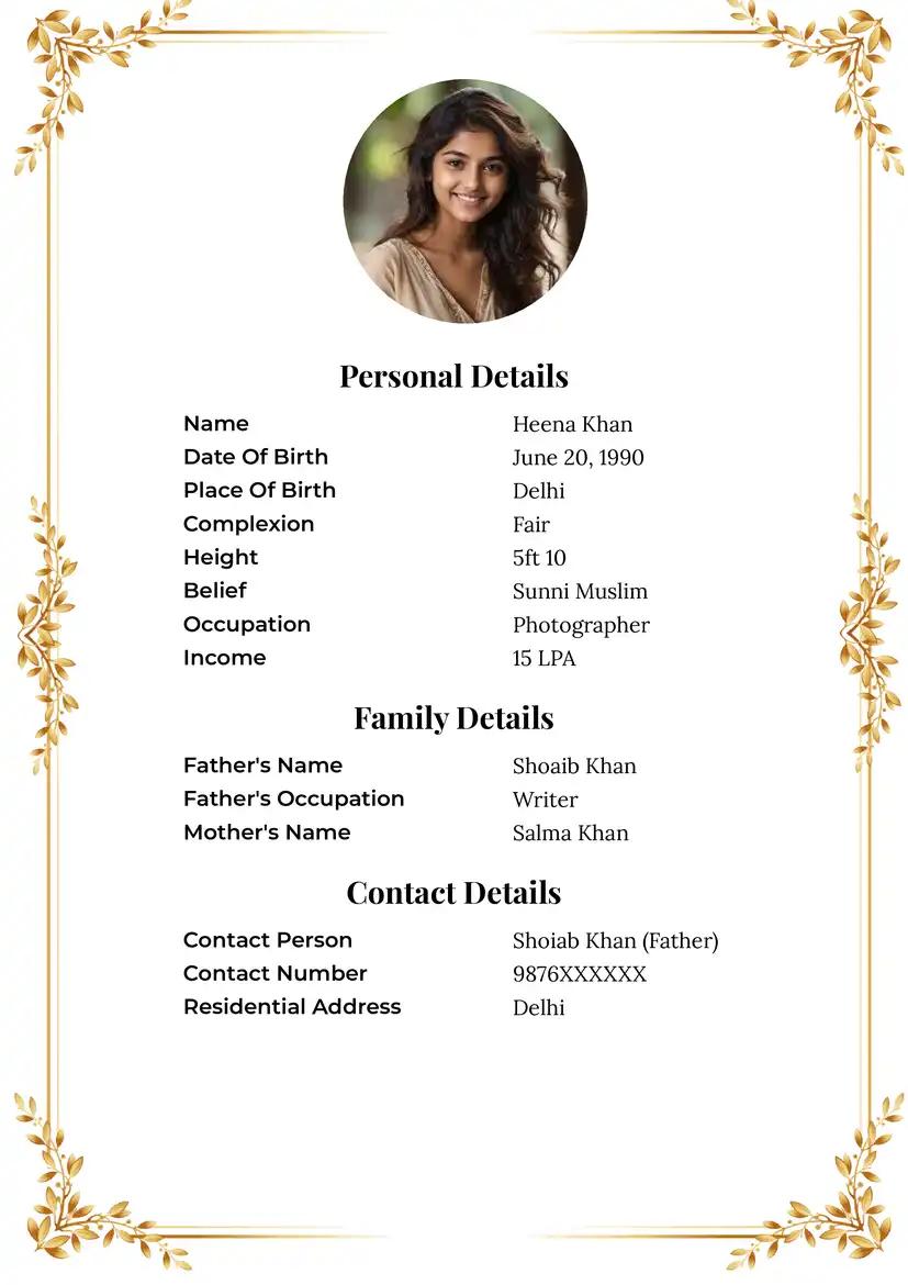 Minimalistic Autumn Leaves Marriage Biodata Format for Muslim Boys and Girls