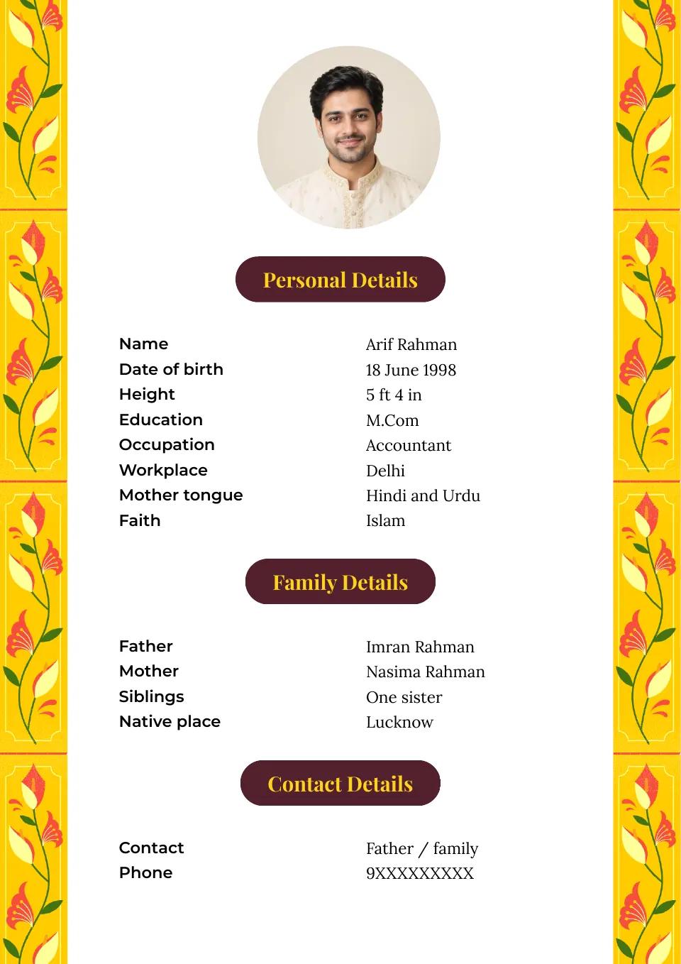 Muslim marriage biodata sample: yellow floral design, with Muslim details