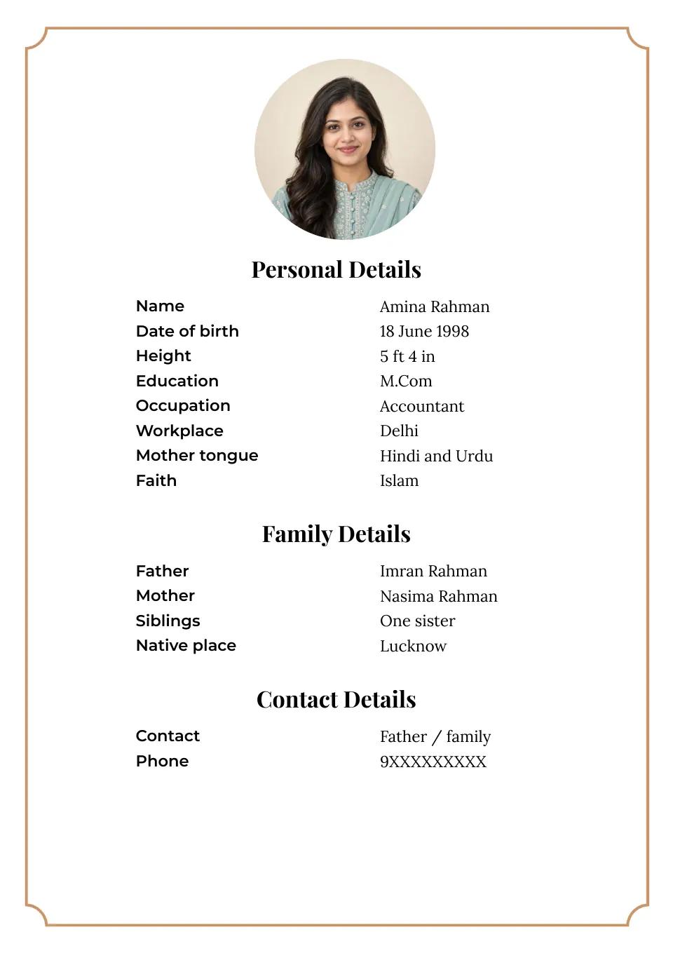 Muslim marriage biodata sample: simple gold border, with Muslim details