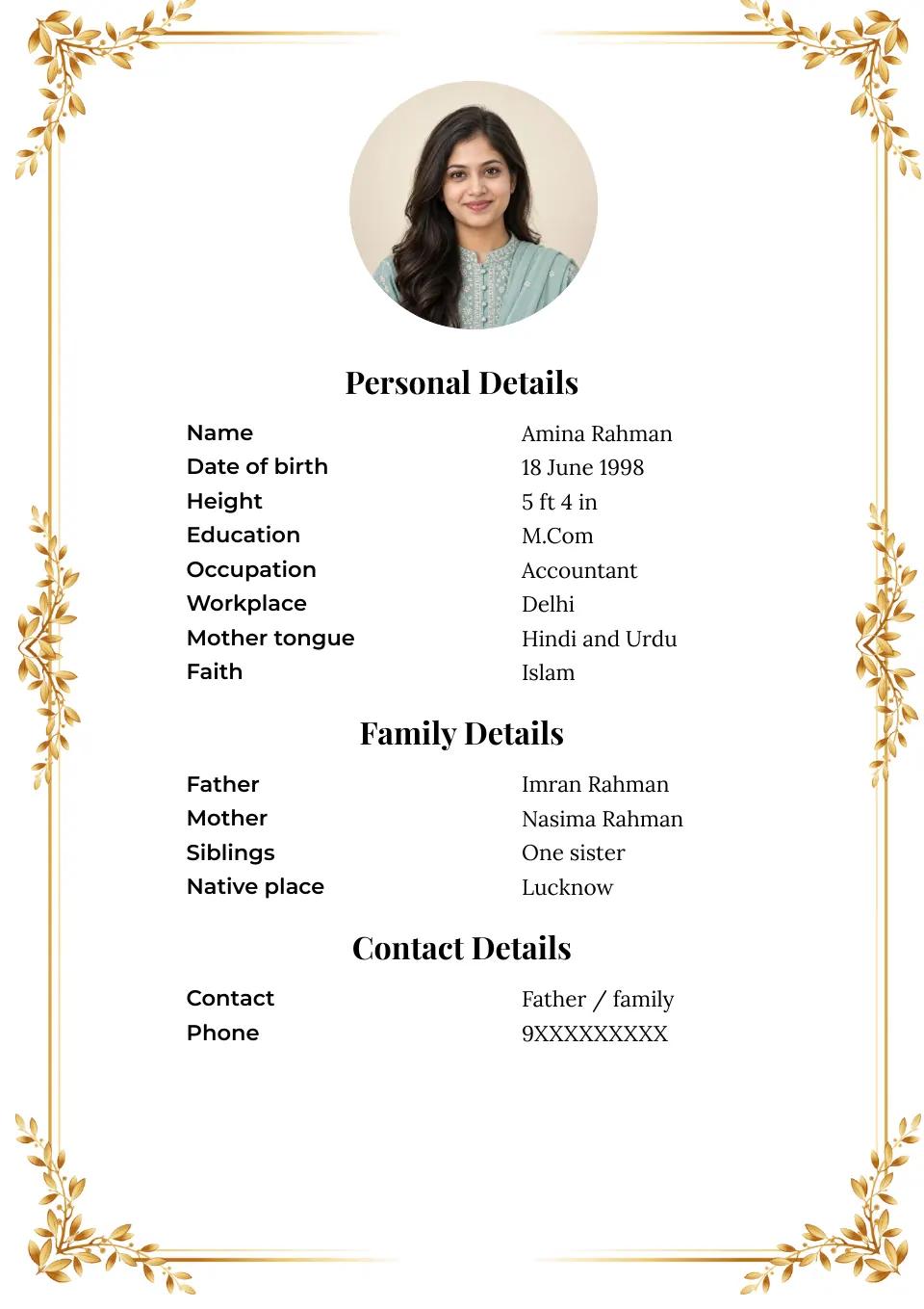 Muslim marriage biodata sample: gold wheat border, with Muslim details