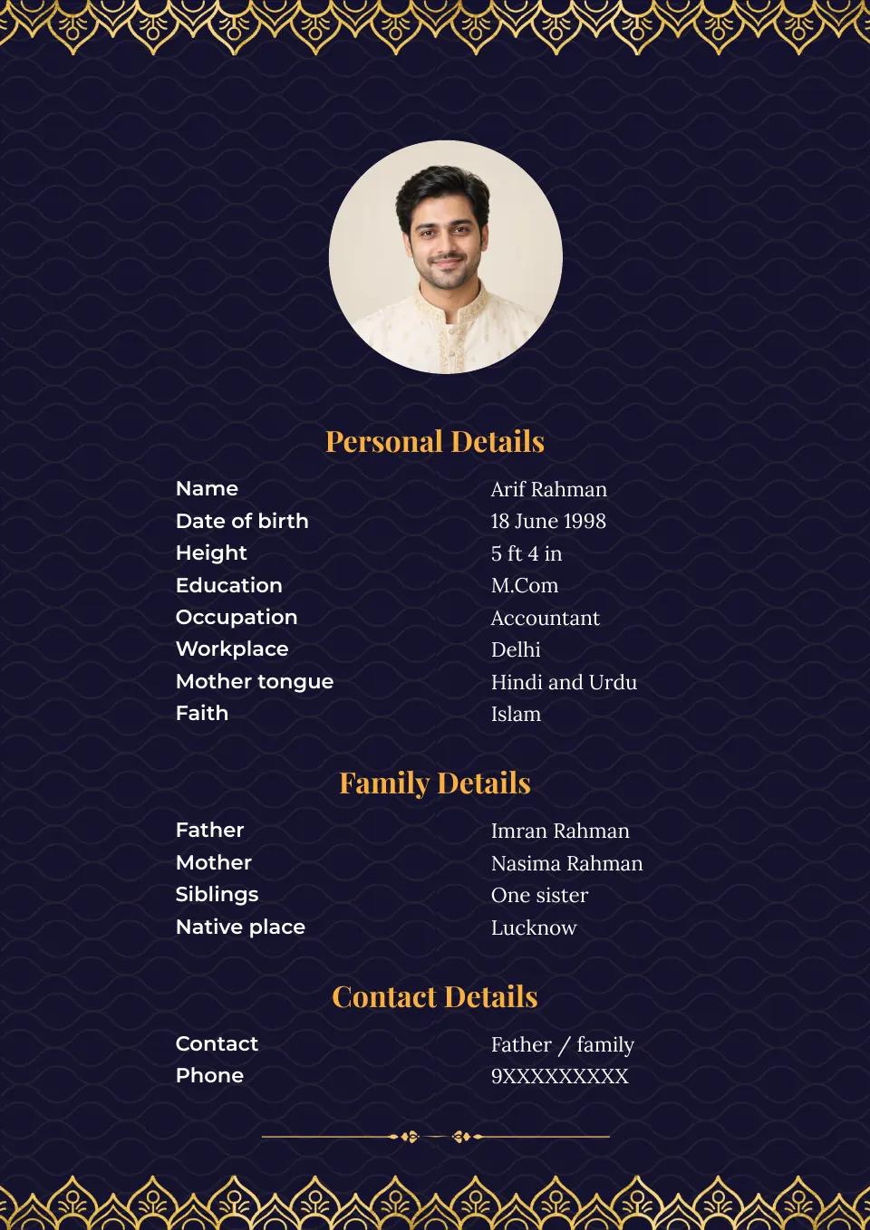 Muslim marriage biodata sample: blue and gold floral border, with Muslim details
