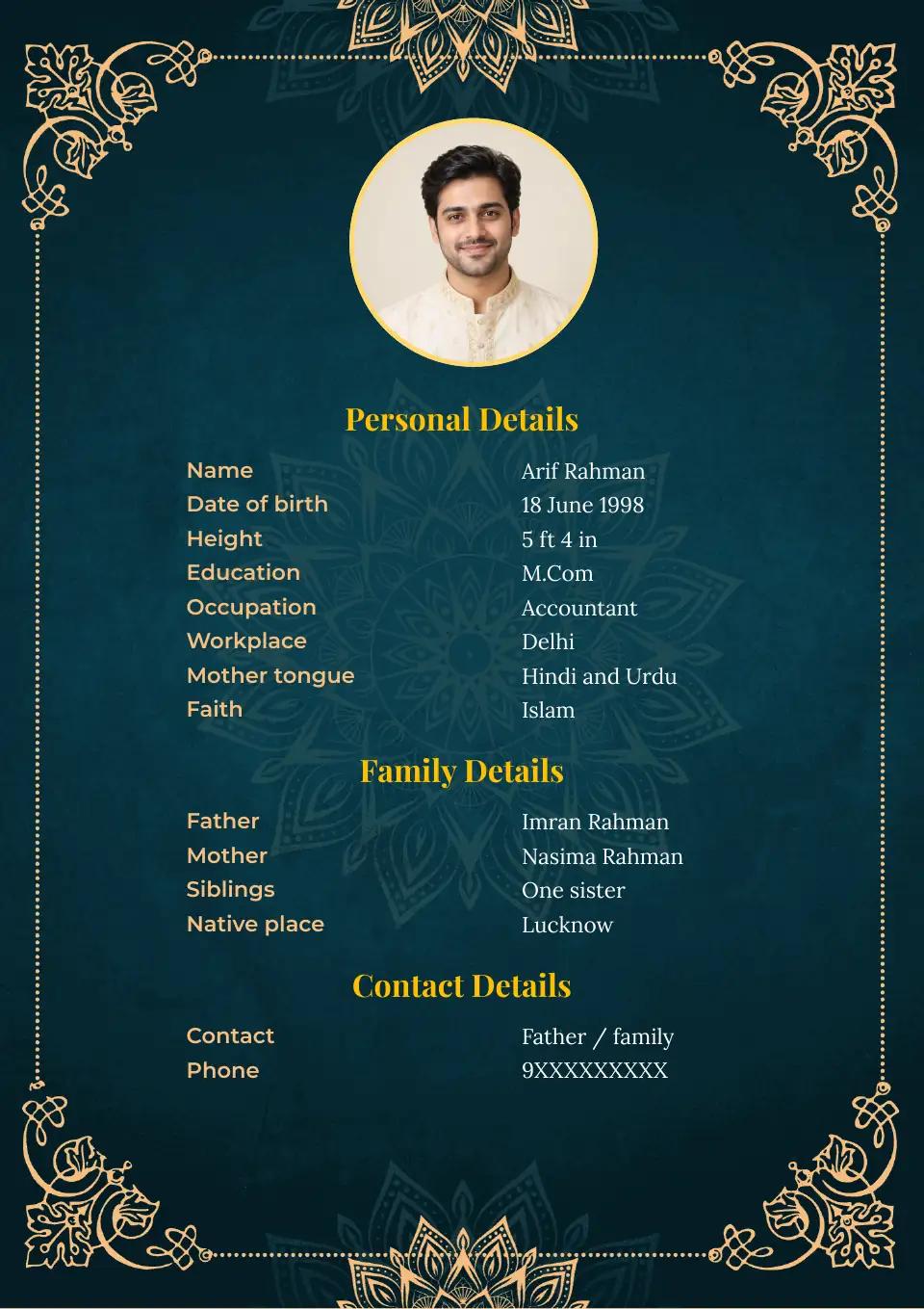 Muslim marriage biodata sample: green and gold floral border, with Muslim details