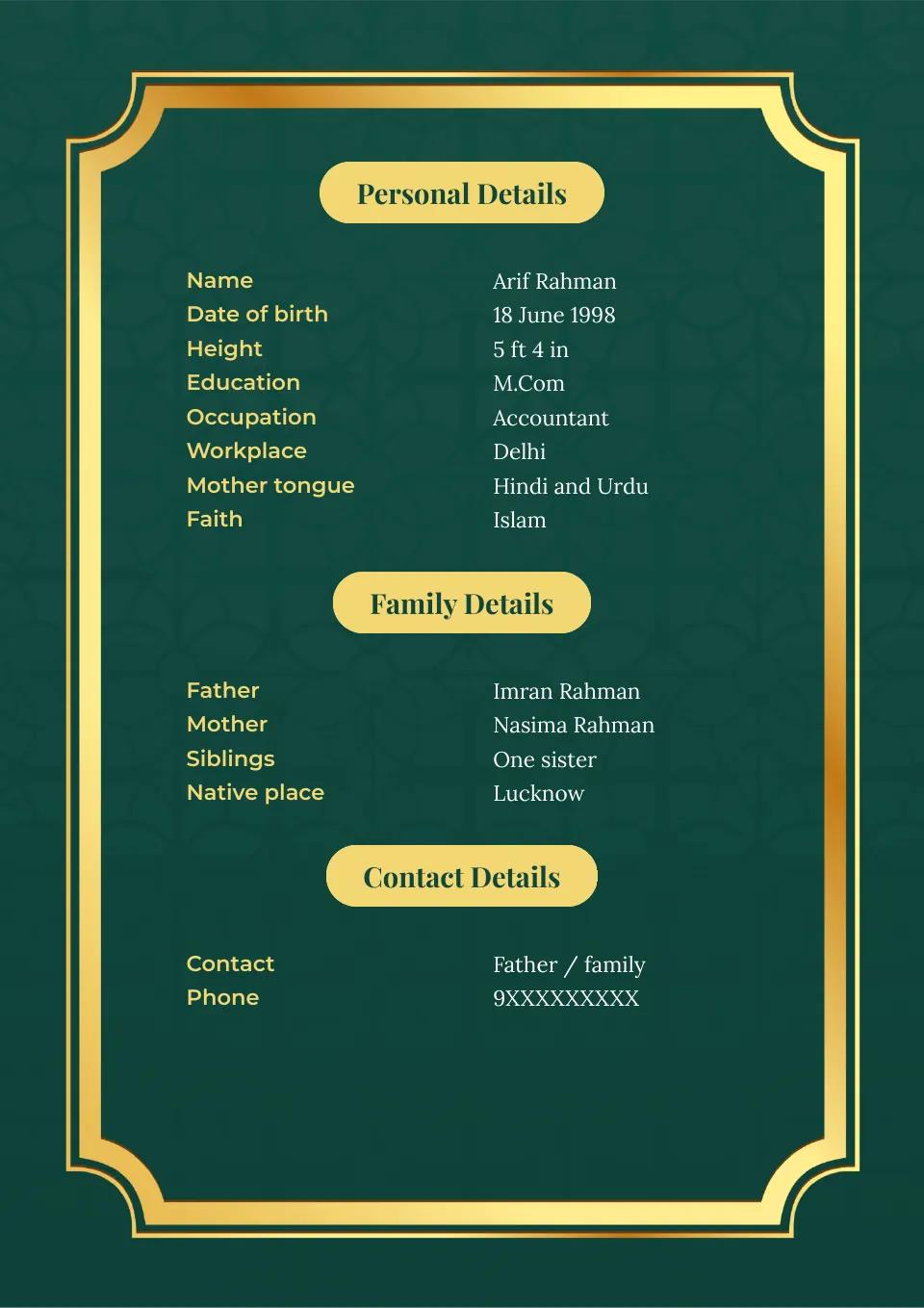 Two-page green and gold marriage biodata format with Islamic-inspired design, a professional biodata for marriage.