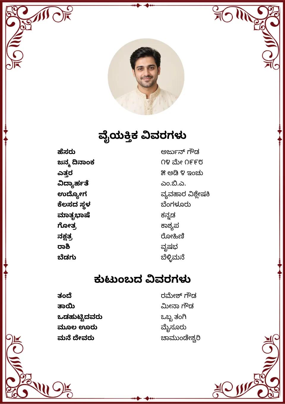 ಕನ್ನಡ ಮದುವೆ ಬಯೋಡೇಟಾ ಮಾದರಿ: ಕೆಂಗಂದು ಎಲೆಗಳ ಅಂಚು