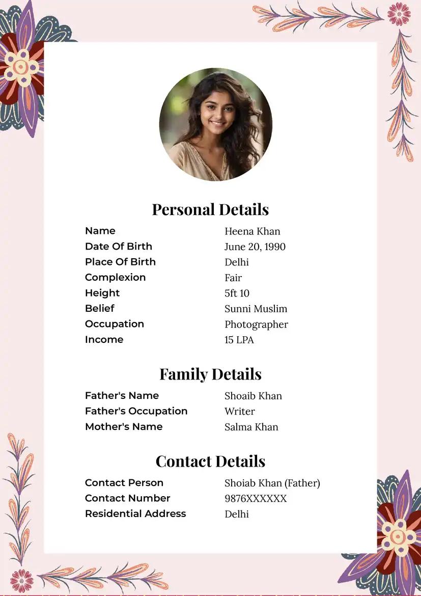 A muslim marriage biodata template showcasing a modern design with a vibrant pink color scheme and a delicate flower-decorated border for a charming and contemporary look.