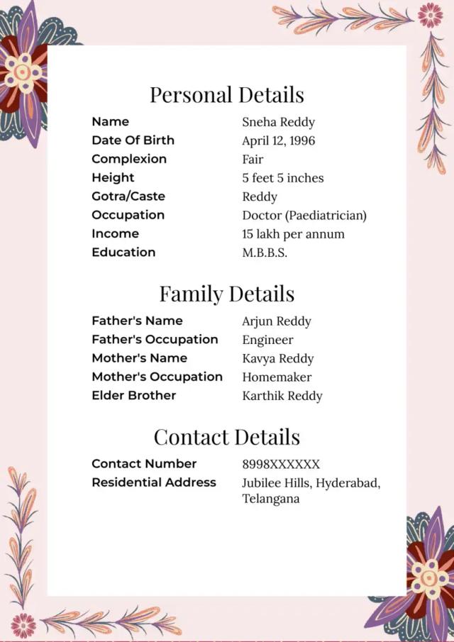 A marriage biodata template showcasing a modern design with a vibrant pink color scheme and a delicate flower-decorated border for a charming and contemporary look.