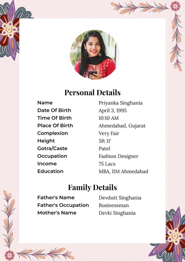 A marriage biodata format showcasing a modern design with a vibrant pink color scheme and a delicate flower-decorated border for a charming and contemporary look.