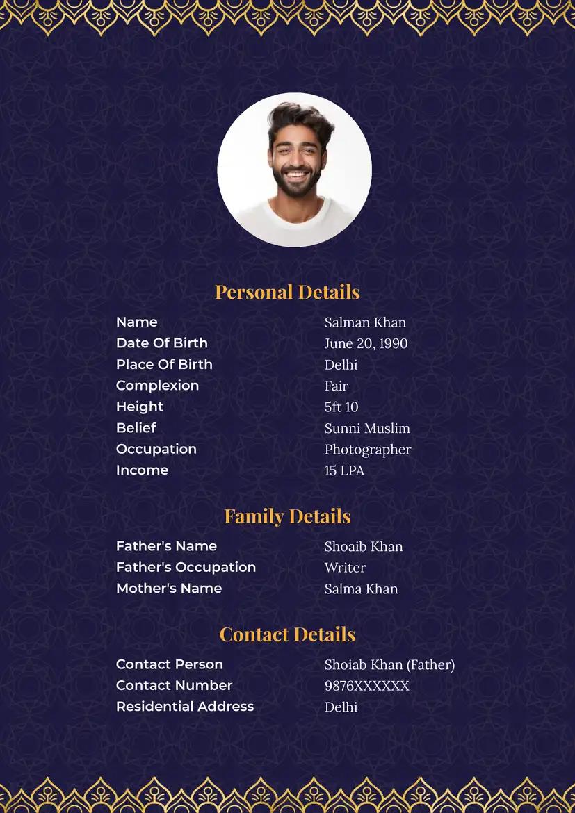 Modern royal blue and gold floral border marriage biodata template for muslim boys and girls with a beautiful and sophisticated profile layout.