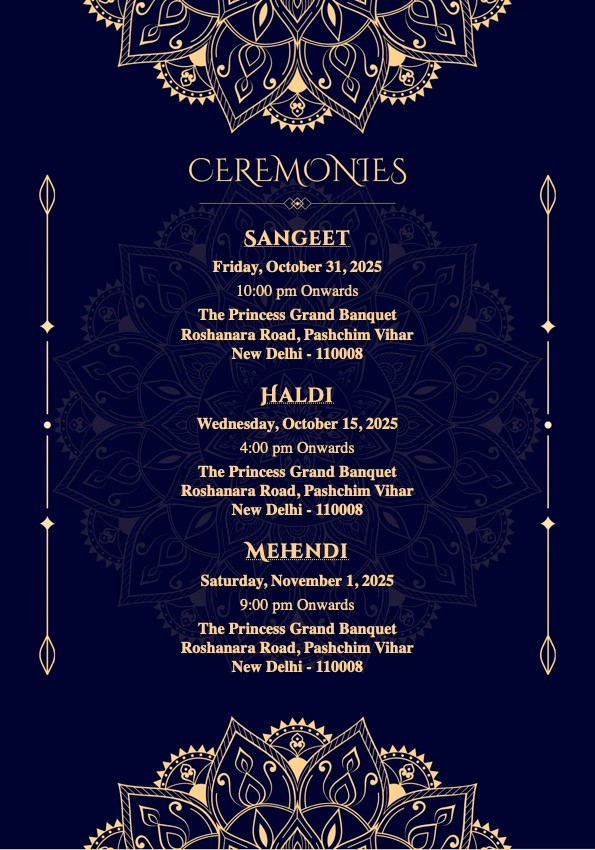 Blue and Gold Wedding Invitation Functions Page