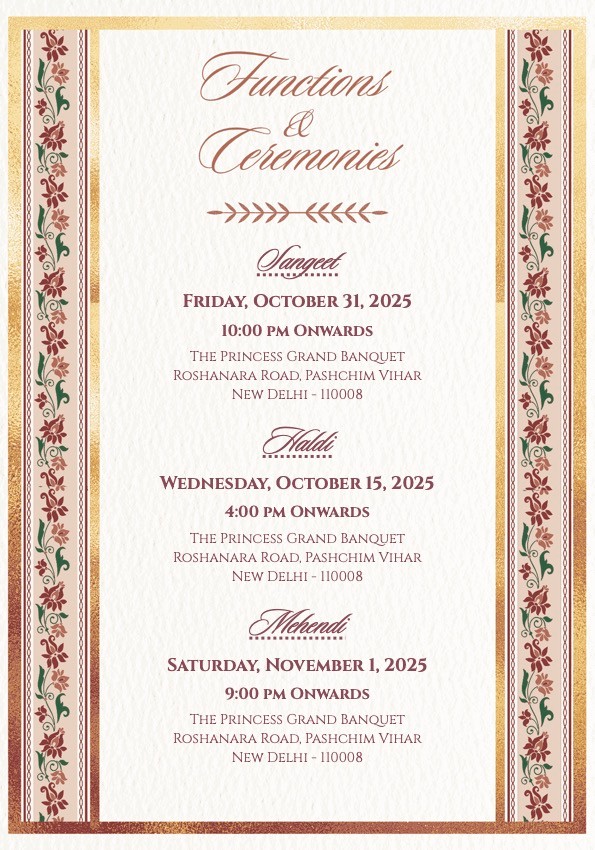 Cream and Pink Wedding Invitation Functions Page