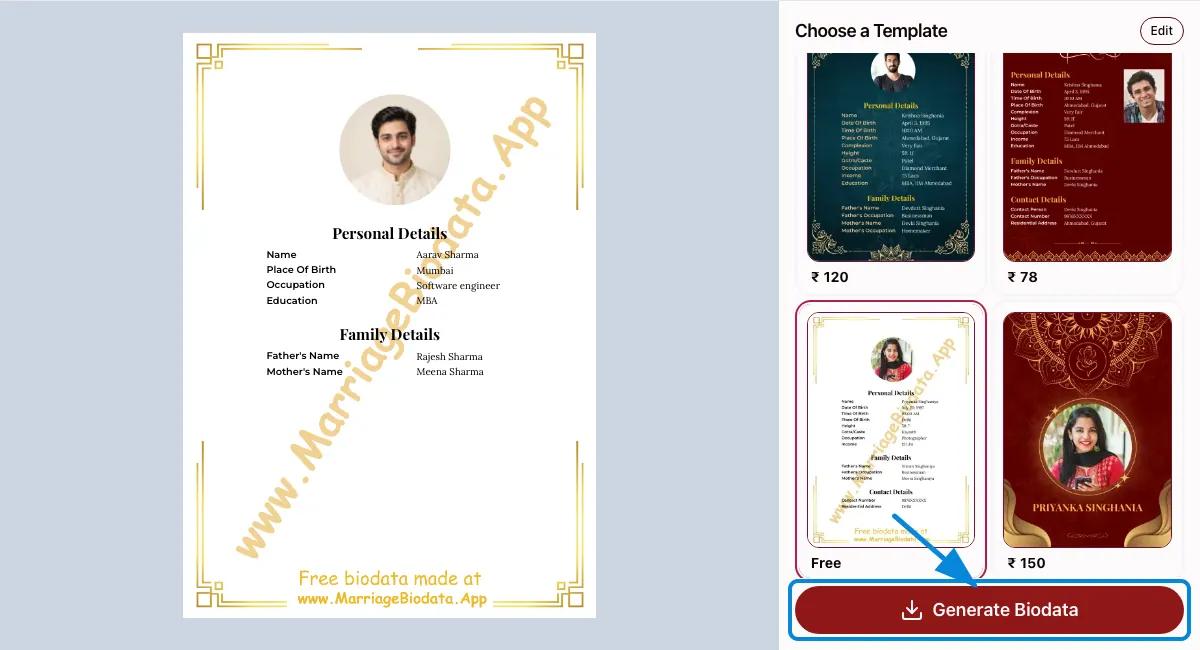 Preview and download your biodata