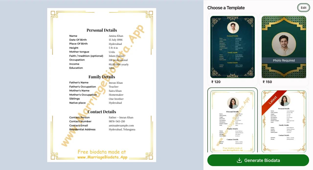 Preview and download your biodata