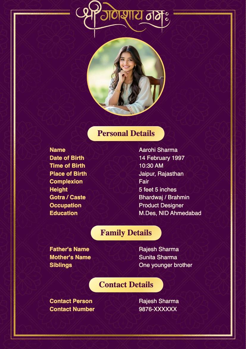 Purple and gold Ganesh marriage biodata template for girls with a premium traditional border and portrait layout.