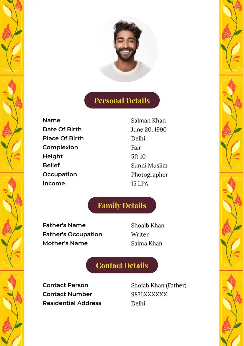 Elegant Single Page Marriage Biodata format for Muslim Boys and Girls with Yellow Border and Floral Pattern.