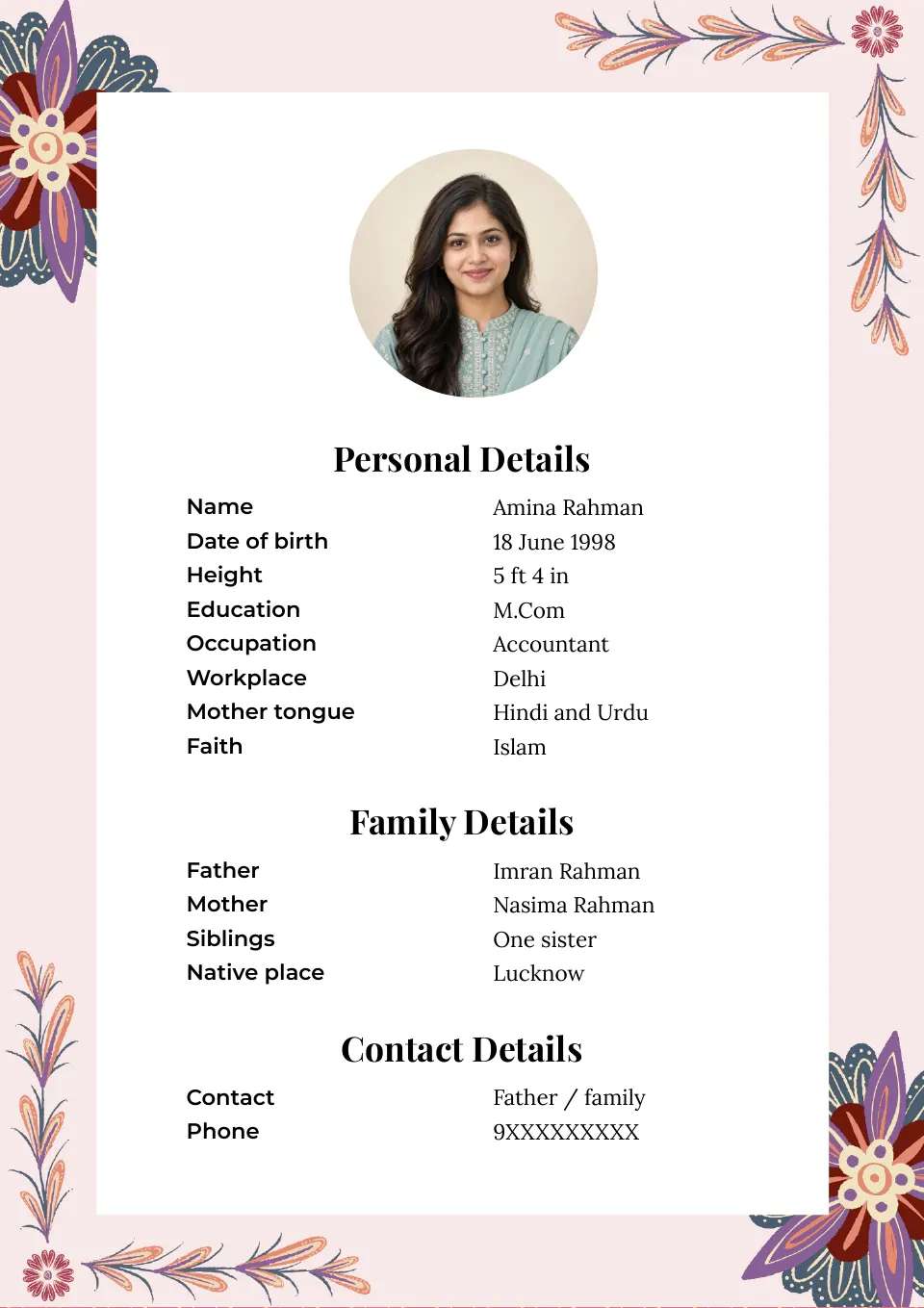 Muslim marriage biodata sample: pink floral design, with Muslim details