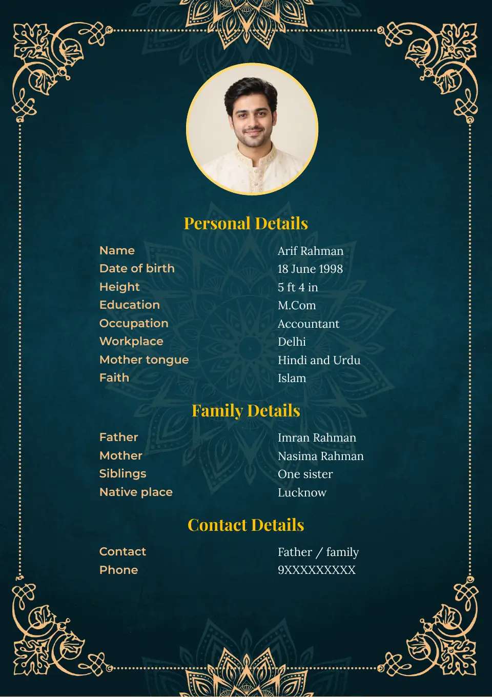 Muslim marriage biodata sample: green and gold floral border, with Muslim details