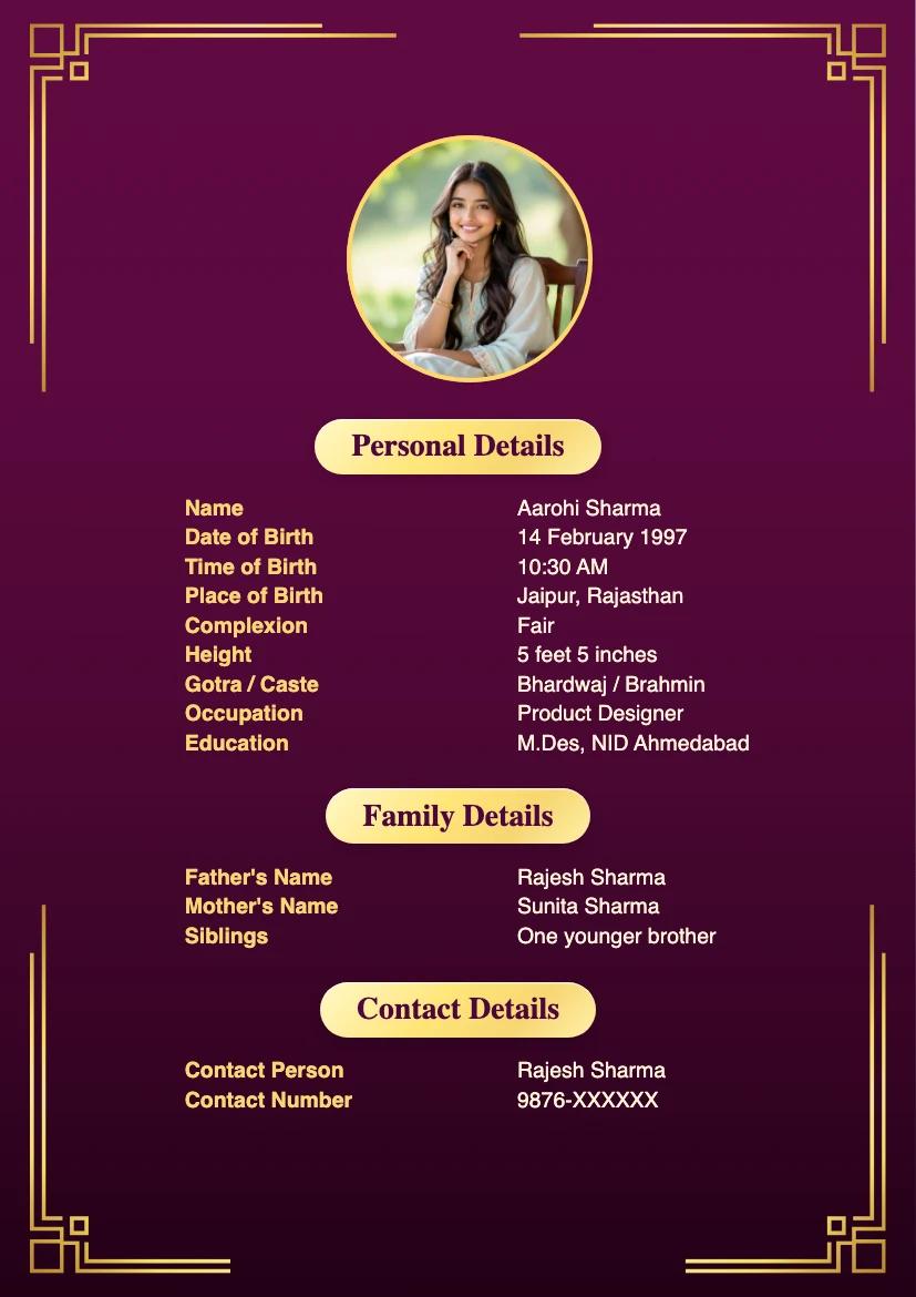 Purple gold corner border marriage biodata template for girls with a clean premium portrait layout.