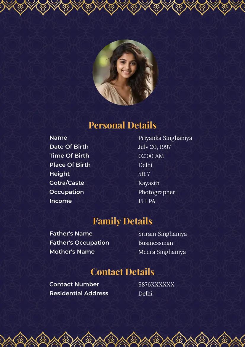 Royal blue and gold floral border marriage biodata format for girls, a sophisticated biodata for marriage.