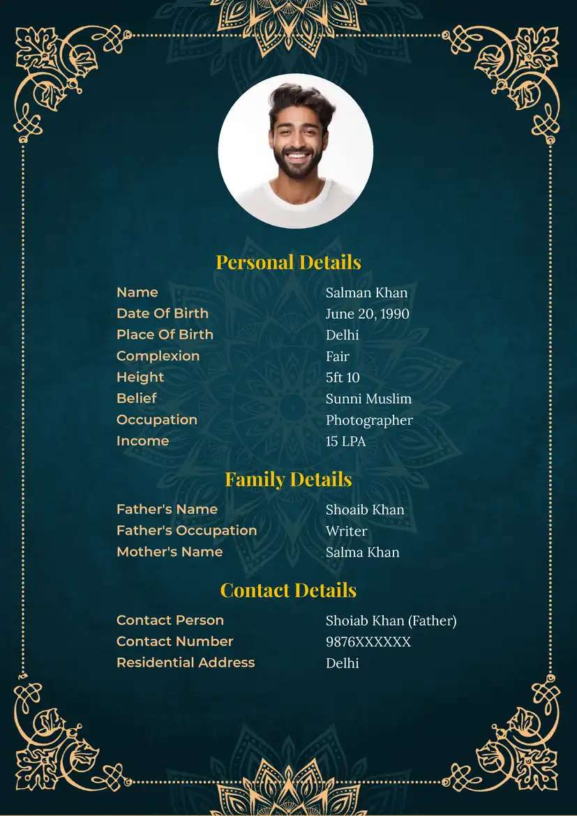 Royal Islamic Marriage Biodata Format for Boys and Girls
