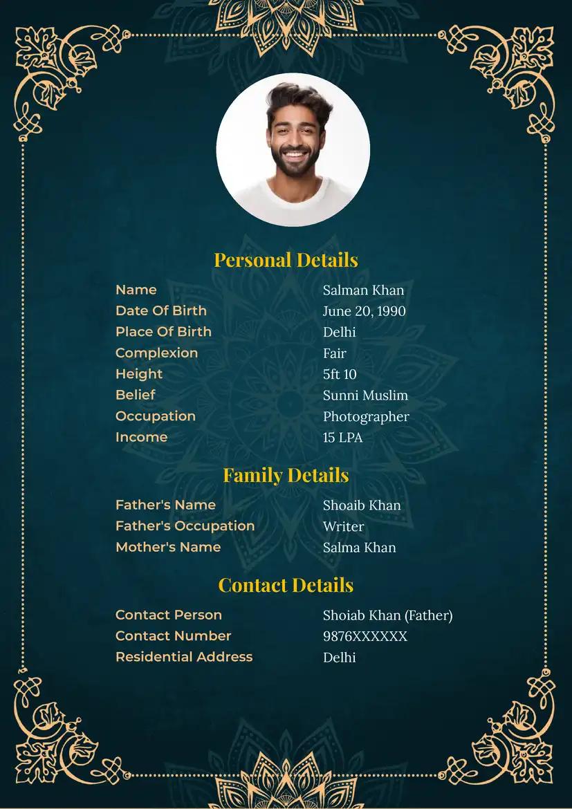 Royal Islamic Marriage Biodata Format for Boys and Girls
