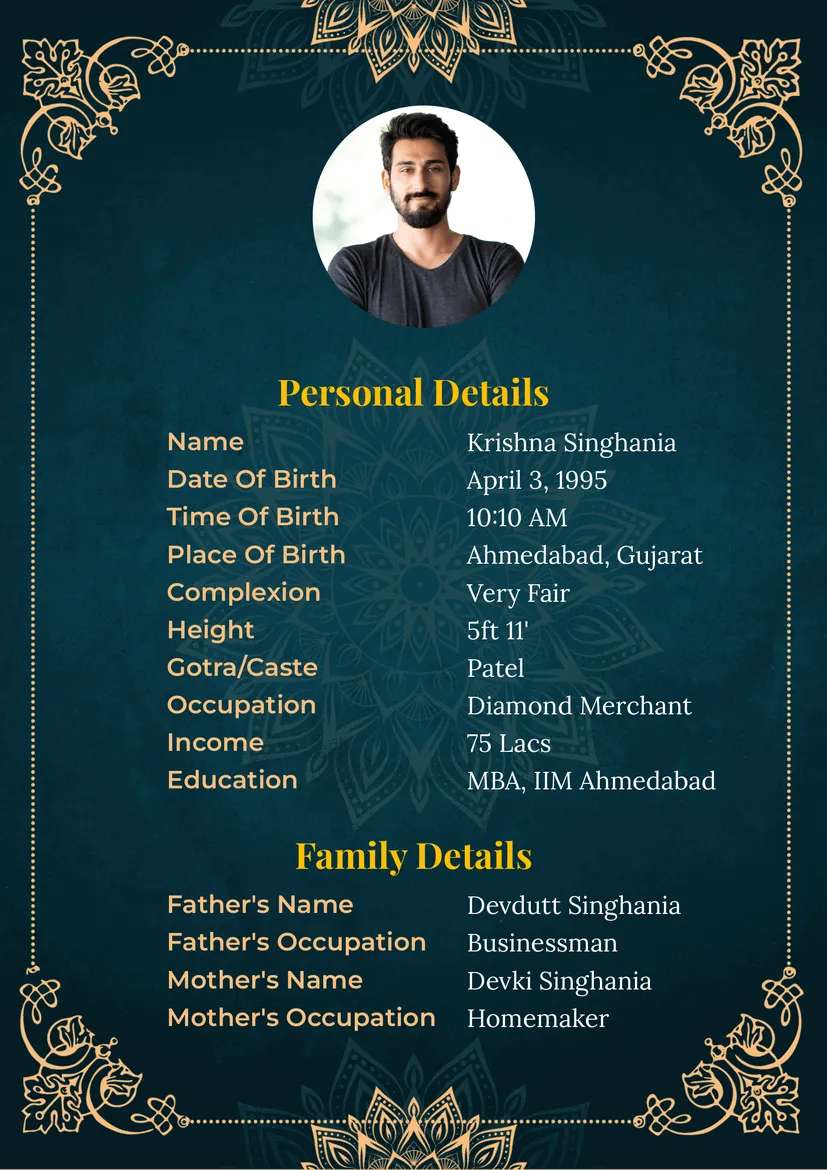 Royal green and gold floral marriage biodata format for boys, a premium biodata for marriage design.