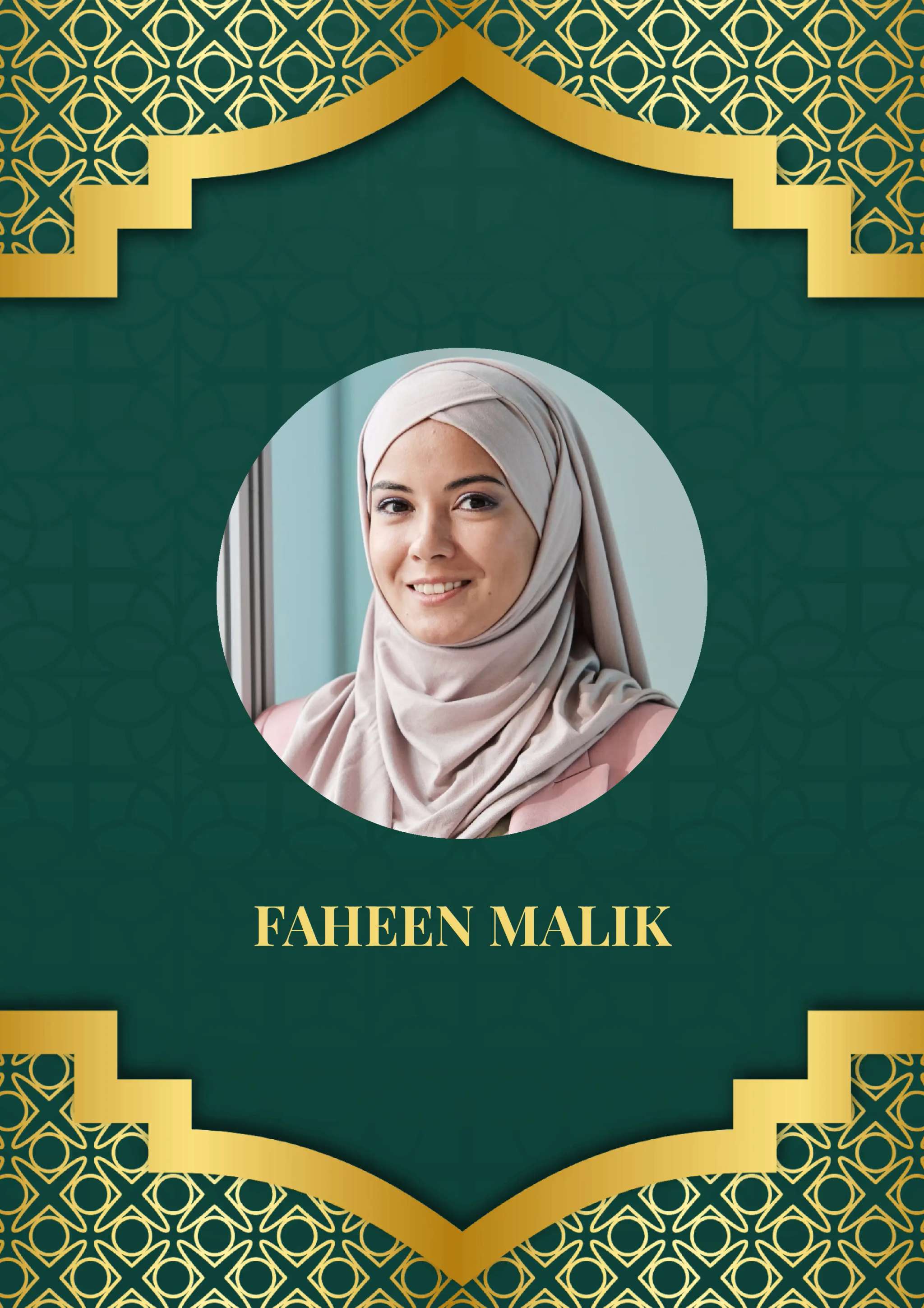 Modern green and gold marriage 2 page biodata template with intricate Islamic-inspired patterns, showcasing a clean profile layout. Second Page has a gold frame on green background for an elegant presentation of personal details. Perfect for brides and grooms seeking a sophisticated and culturally resonant design for Indian and Muslim matrimonial purposes.