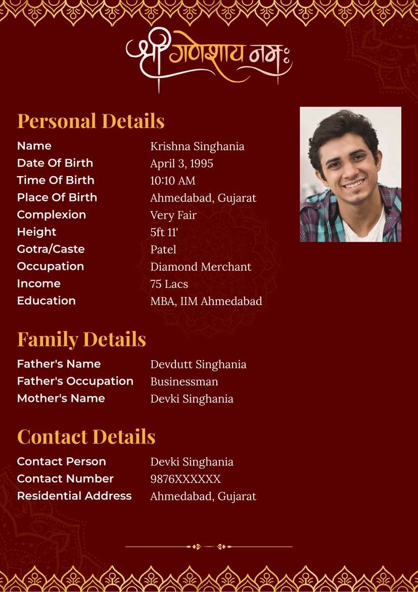 Elegant Hindu marriage biodata format with decorative royal leaf border and Lord Ganesh design, perfect biodata for marriage.