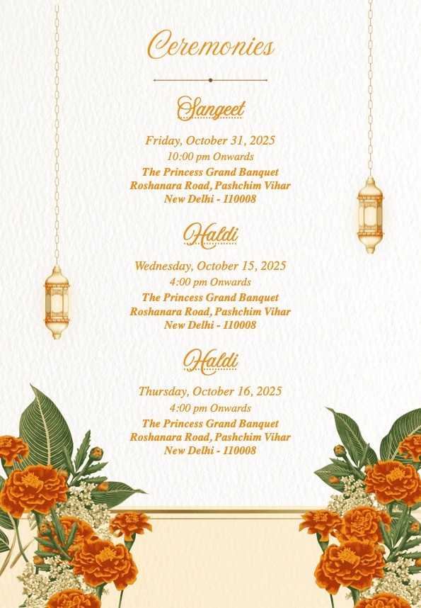 Gold and Orange Wedding Invitation Functions Page