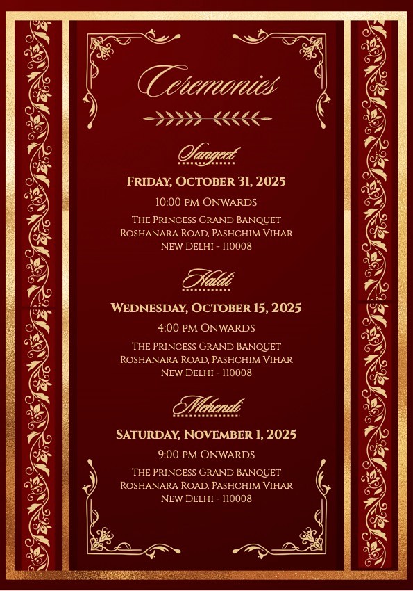 Red and Gold Wedding Invitation Functions Page