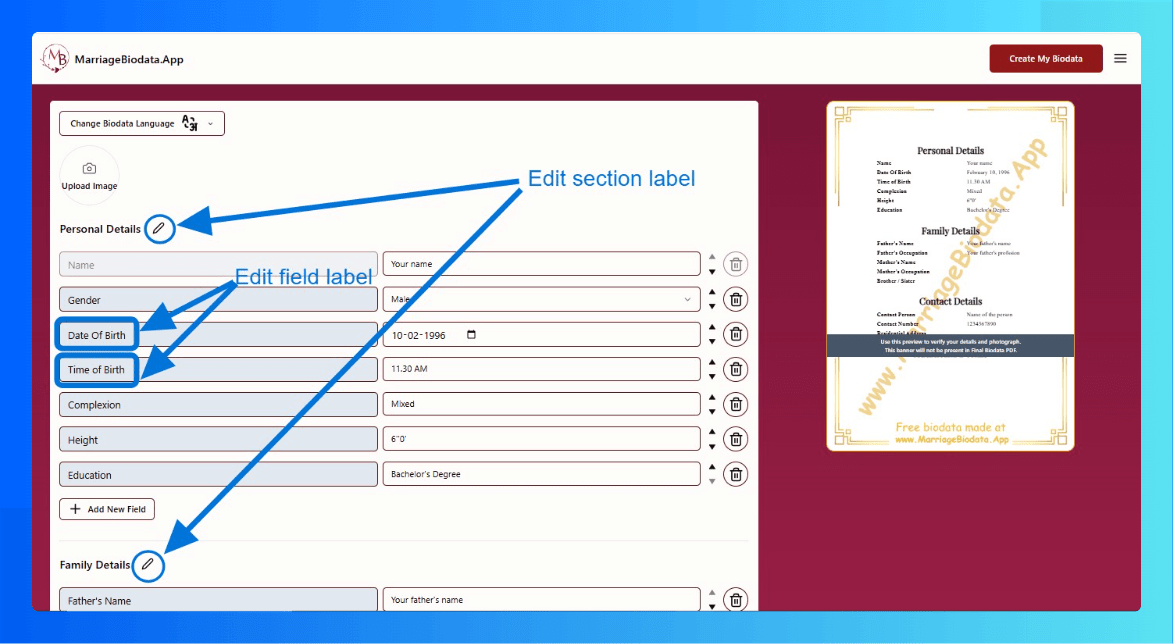 how to change section headings in biodata