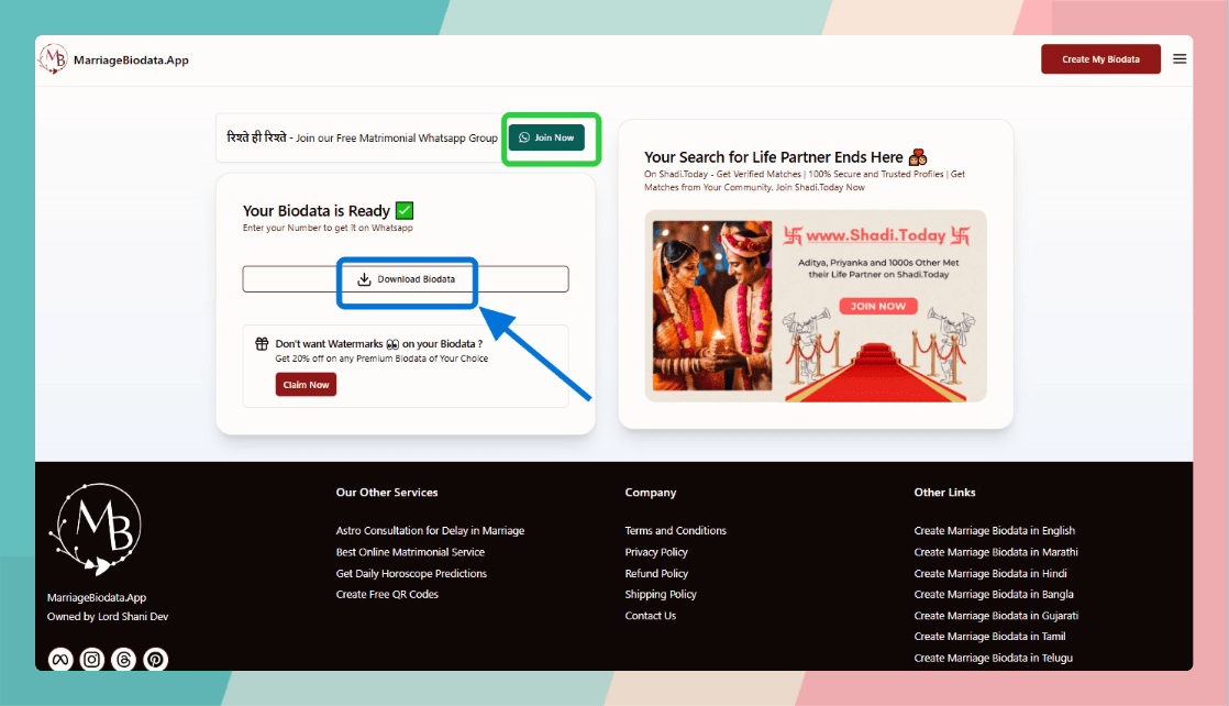 how to download biodata from thank you page