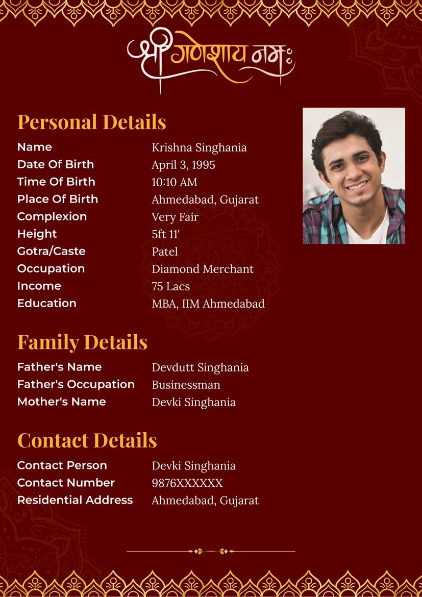 A marriage biodata template using an elegant design with decorative border and featuring lord ganesh for a royal look.